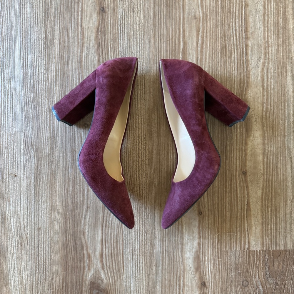 Women's Suede Pointed-Toe Block Heel Pumps - Burgundy - Picture 3 of 7